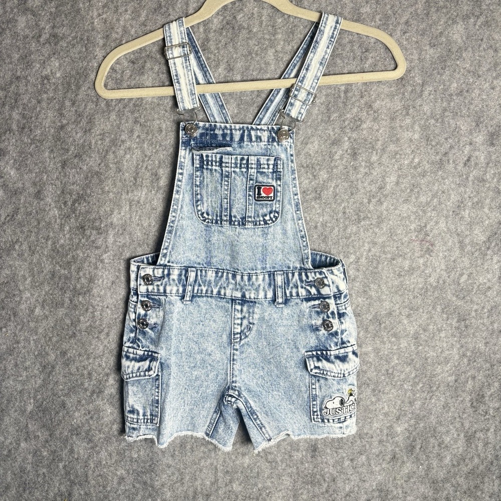 Justice Stone Wash Snoopy Collab Short Overalls‎ Girls Size 7